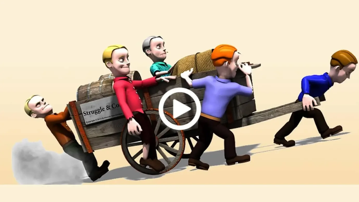 Five animated characters with a wooden cart
